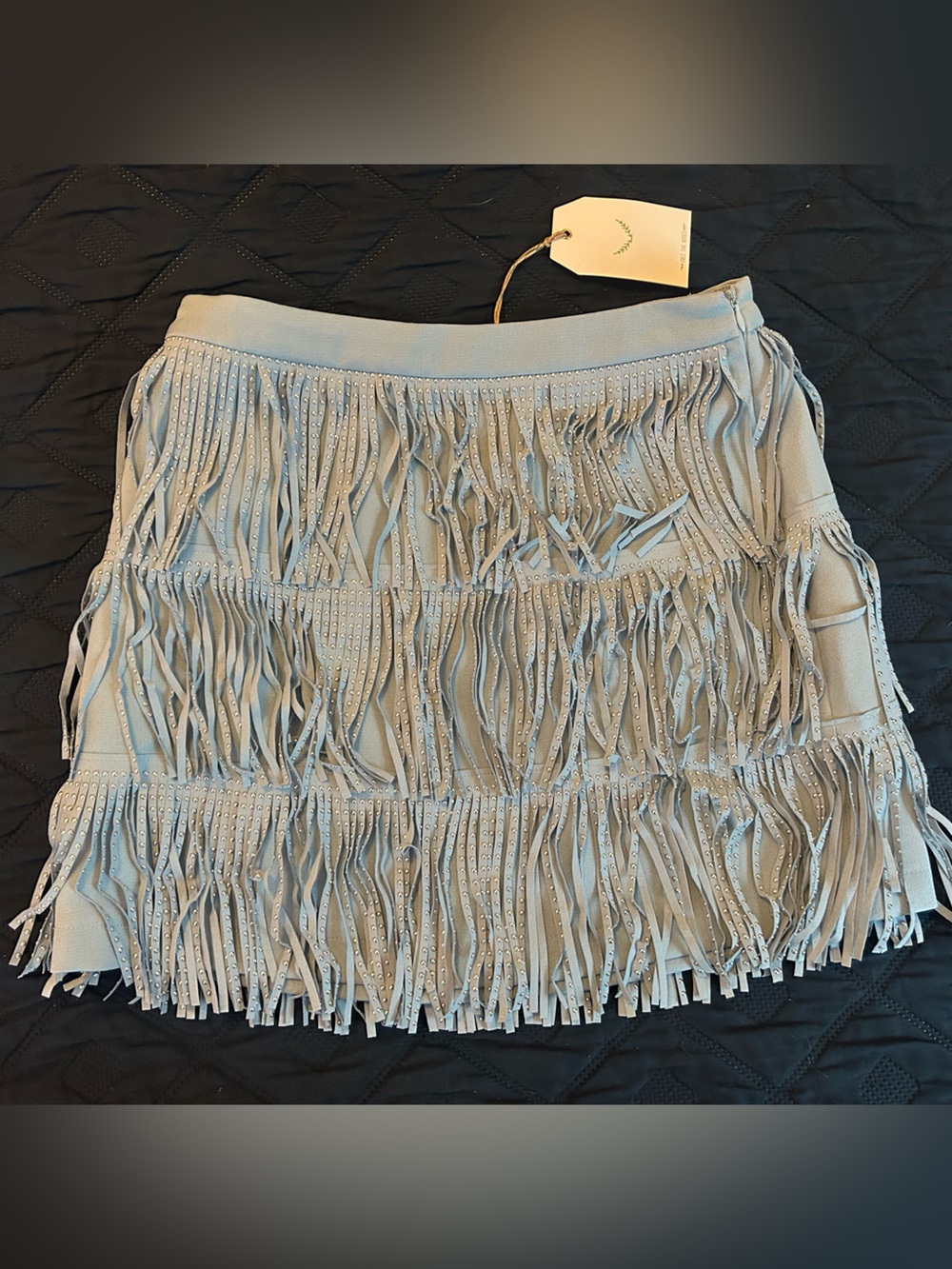 Free the Roses Light Light Dusty Blue Fringed Mini Skirt - NWT